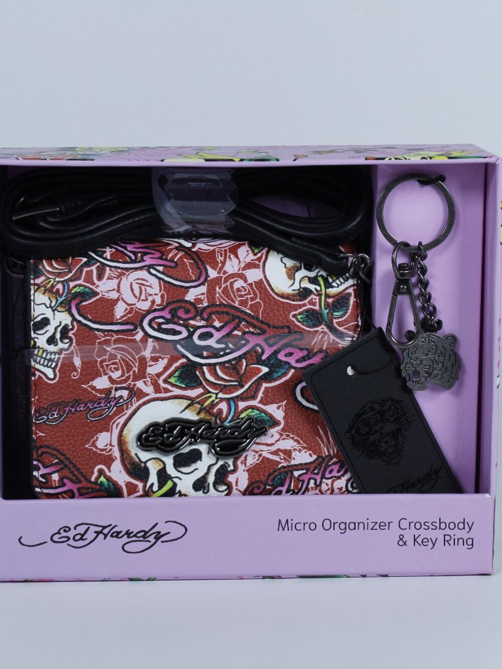 Brand New Ed Hardy Set: Micro Crossbody Bag + Keychain – Skulls & Roses Tattoo‎